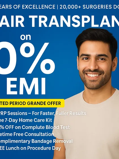 I believe that finances should not be a barrier to regaining your confidence. That's why I offer 0% EMI plans and a comprehensive care package that includes PRP sessions, a home care kit, and lifetime consultations.