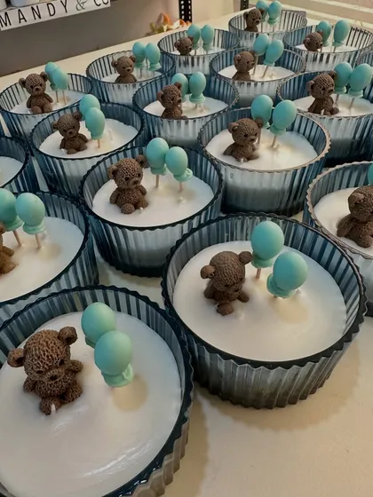 Another view of the teddy bear baby shower candles, ready to celebrate a new arrival.