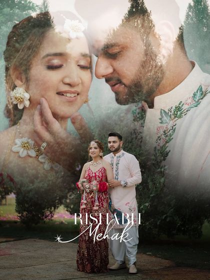 A beautiful double-exposure portrait of the couple. This artistic shot blends a full-length photo with a close-up of their faces, creating a romantic and memorable image.