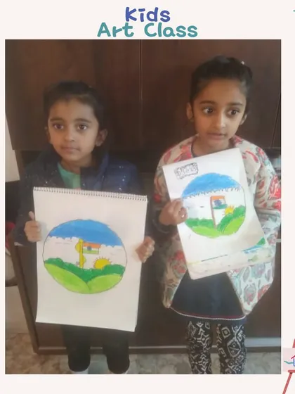 Two students showing their Republic Day artwork. Art is a wonderful medium to teach children about our country and its symbols.