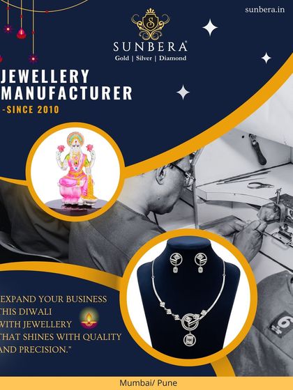 This promotional image for Diwali highlights our role as a jewellery manufacturer. It features a silver Lakshmi idol, essential for festive poojas, alongside a glimpse of our artisan at work, assuring you of quality and precision direct from the source.