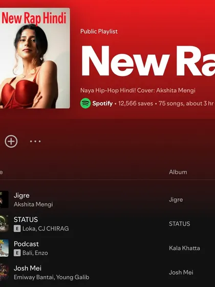 I was honored to be on the cover of Spotify's 'New Rap Hindi' playlist for my song "Jigre". This shows my versatility beyond indie-pop and my ability to produce tracks that get noticed in the competitive hip-hop scene.