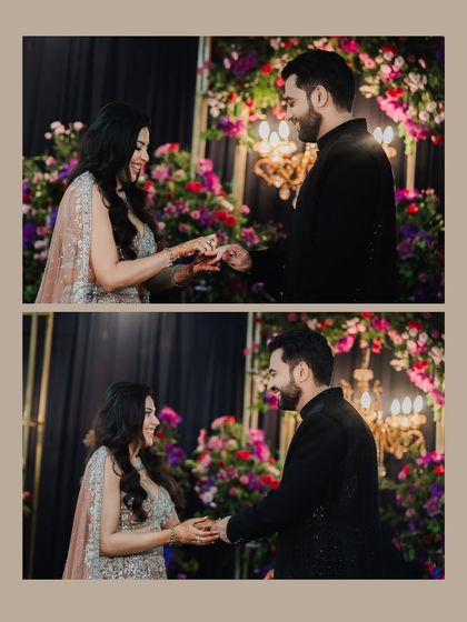 A two-photo collage showing the ring exchange at their engagement. It captures the happy smiles and the symbolic moment of their commitment.