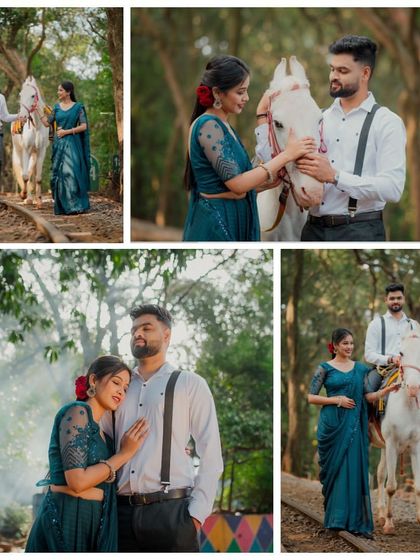 A fairytale-like collage from a retro shoot, featuring a white horse. The images capture romantic moments on the railway tracks, creating a dreamy and unique pre-wedding story.