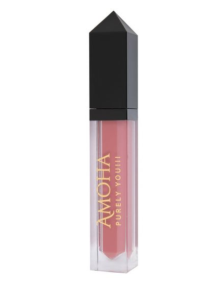 A single tube of pink 'Amoha' lipstick on a white background.