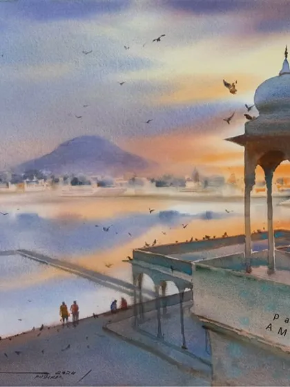 I painted this landscape of the Pushkar ghat on location during a national artist camp. My goal with "en plein air" painting is to capture the raw atmosphere and mood of a place, from the light of the setting sun to the birds in the sky.