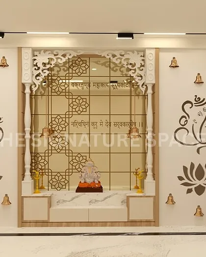 Executing sacred spaces requires precision. For this pooja unit, we translated an intricate design into reality, managing the CNC-cut backdrop, installing the backlighting, and building the marble-topped base cabinet to create a serene and flawless centerpiece.