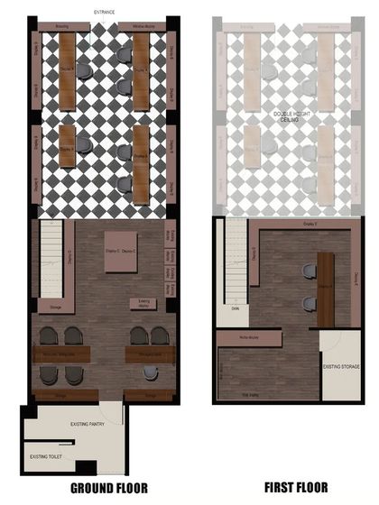 The proposed ground and first-floor layouts for the jewellery store. This plan details the customer seating areas, display counters, and private consultation zones, ensuring a seamless and luxurious retail experience.
