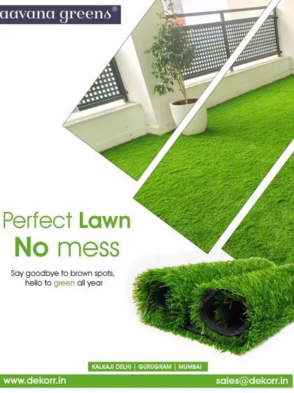 A perfect lawn with no mess. Say goodbye to brown spots and hello to green all year with our high-quality artificial grass, shown here on a neat balcony.