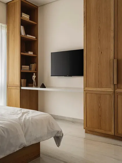 Functionality meets elegance in this bedroom from Apartment 1005. We designed a floor-to-ceiling oak wood unit that seamlessly incorporates a wardrobe, bookshelf, and a floating desk, maximizing space without sacrificing style.