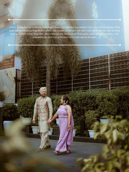 A beautiful wide shot of the couple walking hand-in-hand, framed by the modern architecture of the venue.
