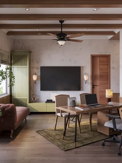 The room is designed to be multi-functional, with a large screen for presentations or entertainment, and comfortable seating for informal meetings or relaxation.