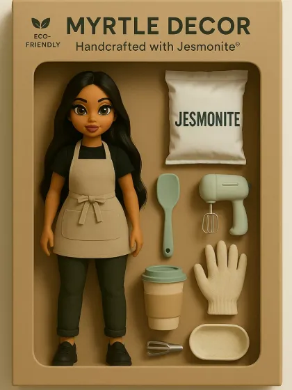 We had a little fun with a trending AI art style and imagined ourselves as a "Myrtle Decor" doll. This is our maker starter pack, complete with Jesmonite, a mixer, and of course, coffee.