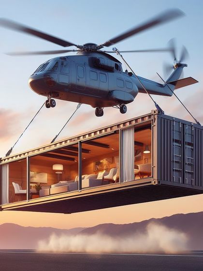 Another AI concept of a helicopter delivering a fully furnished container home.