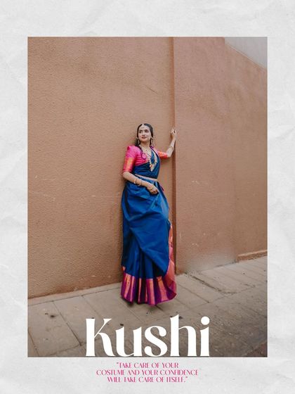 A vertical composition of the same pose as image 2, formatted with a textured border and text, showing how images can be styled for social media or lookbooks.