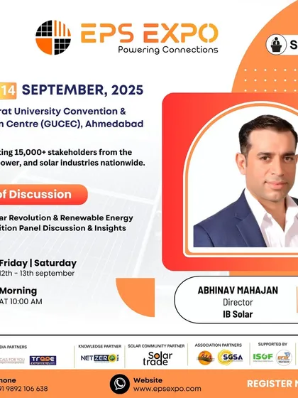 We are excited to announce that our Director, Mr. Abhinav Mahajan, will be a featured speaker at the EPS Expo 2025 in Ahmedabad. He will share insights on the solar revolution and renewable energy transition.