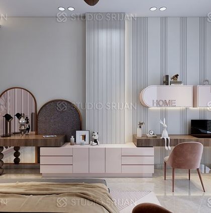 This view shows the custom-designed study and vanity area, with unique, arched mirrors and elegant, modern furniture.