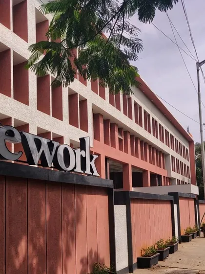 A street-side view of the completed WeWork facade reconstruction.