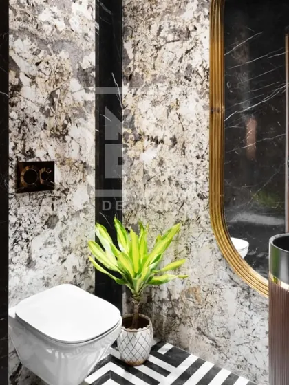 A closer look at the material contrast in this powder room. The organic pattern of the marble wall is balanced by the clean lines of the modern toilet and the warmth of the small plant.