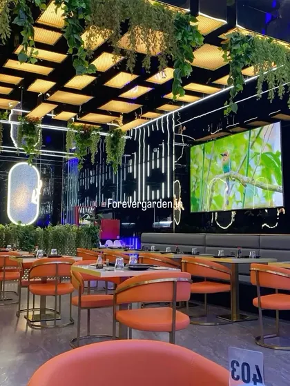 A modern restaurant with a black grid ceiling, decorated with hanging artificial ivy that adds a touch of green to the sleek, contemporary design.