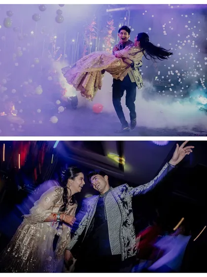 A collage capturing the dynamic energy of the Sangeet dance floor, from a dramatic lift to motion-blurred dancing.