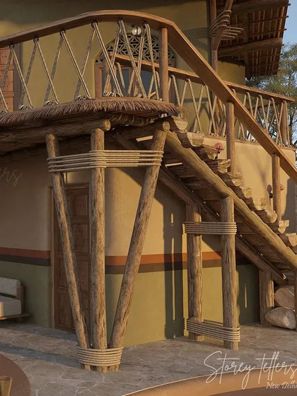 A close-up view of the craftsmanship involved in the resort's construction. The thick wooden posts are bound with rope, a detail that adds to the raw, handcrafted feel of the architecture and showcases our commitment to using authentic materials.