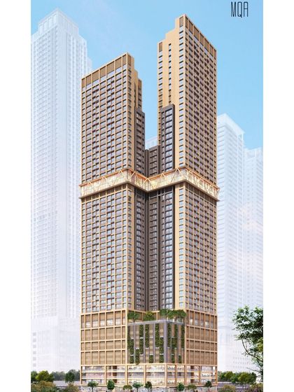 A daytime render of the same mixed-use tower, showing the texture of the facade and the vertical green spaces on the stepped terraces.