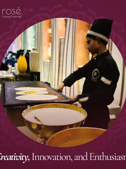Creativity and enthusiasm are at the core of our service. A chef at our live South Indian counter expertly prepares fresh dosas, demonstrating the skill and passion our team brings to every dish.