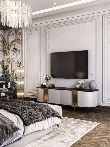 A series of renders for a luxurious bedroom suite, featuring textured wallpaper, mirrored panels, and a statement chandelier. The different views highlight the room's opulence and detailed design.