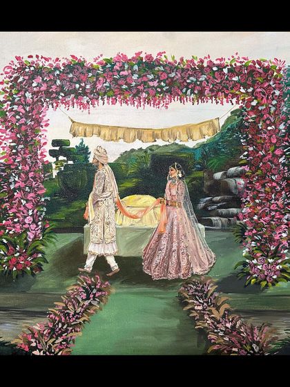 A finished painting of a serene pheras ceremony set against a beautiful natural landscape. The floral arch and the soft colors create a truly romantic and timeless feel.
