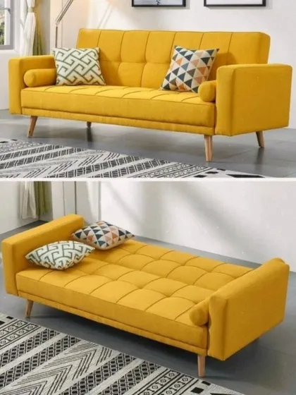 This bright yellow piece is a sofa cum bed, offering both a stylish seating option and a comfortable bed for guests. The tufted design and bolster cushions add a touch of mid-century modern flair.