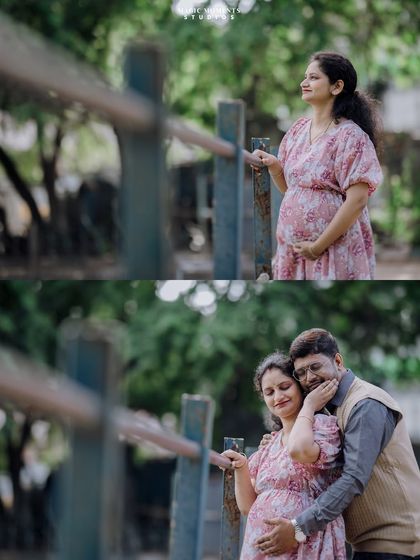 A diptych showing a solo portrait and a couple's embrace. This captures the mother's anticipation and the couple's shared joy by a rustic fence.