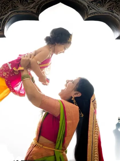 A moment of pure joy between Yashoda and her little Krishna. Using backlighting and a traditional archway, I create dramatic and emotional silhouettes that feel both divine and deeply personal.