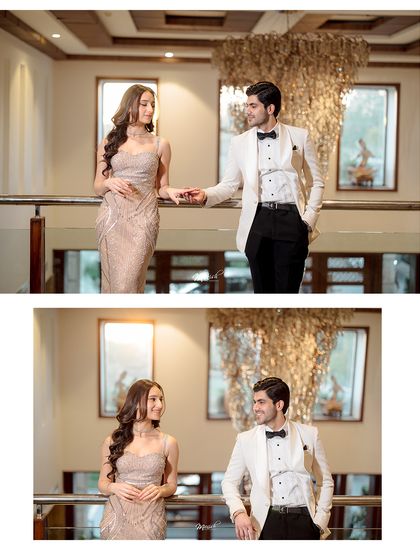 An elegant pre-wedding portrait session with a classic, formal theme. The couple's sophisticated attire and the grand interior create a truly glamorous feel.