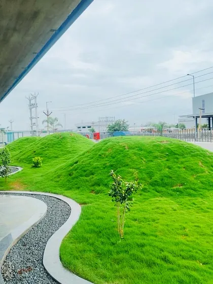 For this corporate campus, we designed and installed modern, architectural grass mounds. This approach integrates the landscape with the building's contemporary design, creating a unique and memorable green space.