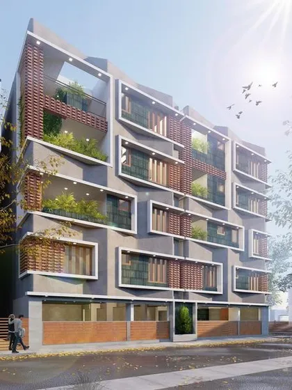 This is a visualization of our 'The Concrete Veil' project in Bengaluru. The architectural design features a graceful concrete facade interwoven with exposed brick and expansive windows, creating an elevation of enduring elegance for this residential complex.