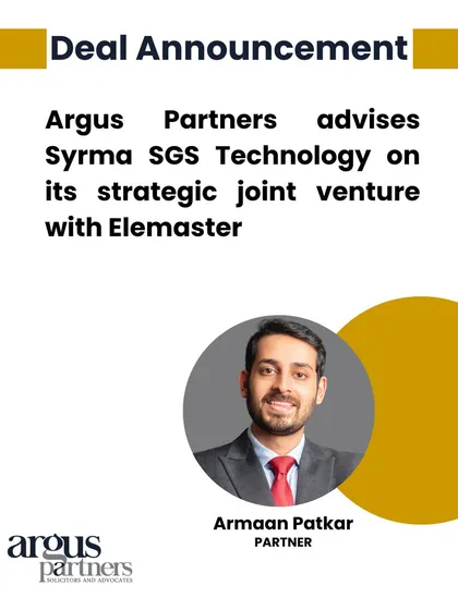We advised Syrma SGS Technology on its strategic joint venture with Italian electronics leader Elemaster. This deal establishes a dedicated manufacturing platform in India for the railway, industrial, and medical electronics sectors, showcasing our cross-border transaction capabilities.