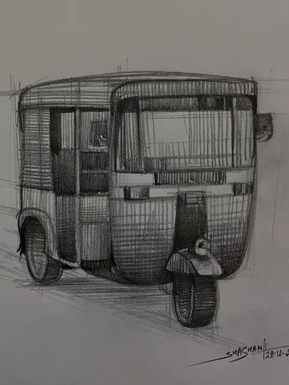 A perspective drawing of an auto-rickshaw. Understanding perspective is crucial for drawing vehicles and architectural scenes accurately.