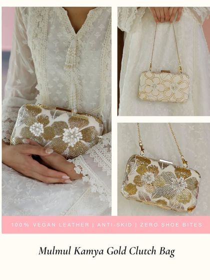 The Mulmul Kamya Gold Clutch Bag features beautiful 3D floral details made from sequins and beads. It comes with a delicate chain strap, offering versatility to be used as a clutch or a shoulder bag.