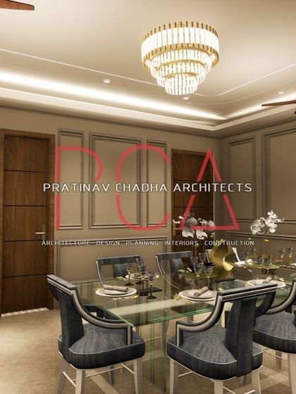 A render of the formal dining room in Vasant Kunj, with classic wall mouldings and a grand chandelier.