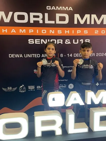 Our two silver medalists, Mishty and Shivam, showing off their hard-earned medals at the GAMMA World Championship. Two fighters from our club reaching the world finals is a massive achievement.