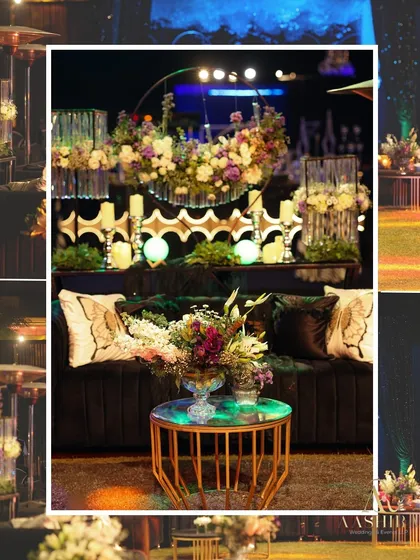 A collage of the intimate and moody tablescape details, from the lush floral centerpieces to the dark velvet seating and butterfly-print cushions.