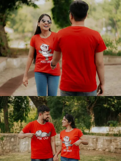 A collage of a couple having fun in their matching "Mr. Lazy" and "Miss Crazy" t-shirts. This theme is perfect for showcasing a couple's personality.