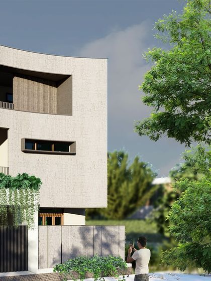 A duplicate of the previous image, this view again emphasizes the gentle curve of the facade, which contrasts with the linear elements of the wooden screen and boundary wall, creating a balanced and modern composition.