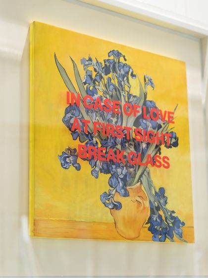 "In Case of Love at First Sight, Break Glass," a piece from the 'In Case of Emergency' series, featuring Van Gogh's irises.