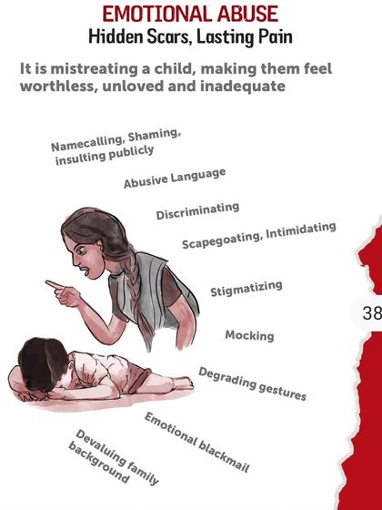An illustration about emotional abuse, another difficult but necessary topic covered in the Rainbow Homes planner. Visuals can help make these hidden harms more understandable.
