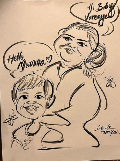 A heartwarming caricature of a mother and child, with speech bubbles that add a conversational and personal touch.