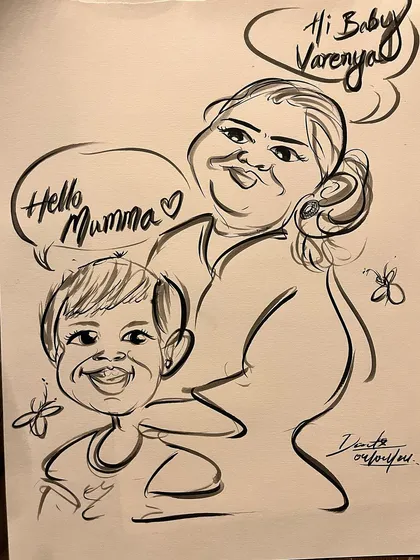 A heartwarming caricature of a mother and child, complete with cute speech bubbles.