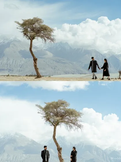 A striking composition in Ladakh with a lone tree against the mountains. This image uses the dramatic landscape to create a powerful and symbolic portrait of the couple's journey.
