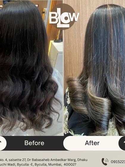 A side by side look at a stunning hair transformation. We added subtle highlights and styled the hair into soft curls to create a completely refreshed and glamorous look.